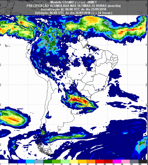 Mapa com a previsão de precipitação acumulada para até 72 horas (26/08 a 28/09) em todo o Brasil - Fonte: Inmet
