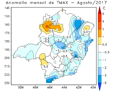 Figura 3 –Anomalias e Média mensal de temperatura: (a,c) máxima e (b,d) mínima, no mês de Agosto/17