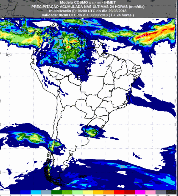 Mapa com a previsão de precipitação acumulada para até 72 horas (30/08 a 01/09) em todo o Brasil - Fonte: Inmet