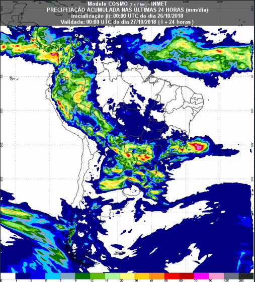 Mapa com a previsão de precipitação acumulada para até 72 horas (27/10 a 29/10) em todo o Brasil - Fonte: Inmet