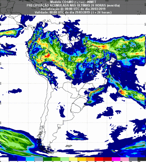 Mapa com a previsão de precipitação acumulada para até 72 horas (29/03 a 31/03) em todo o Brasil - Fonte: Inmet
