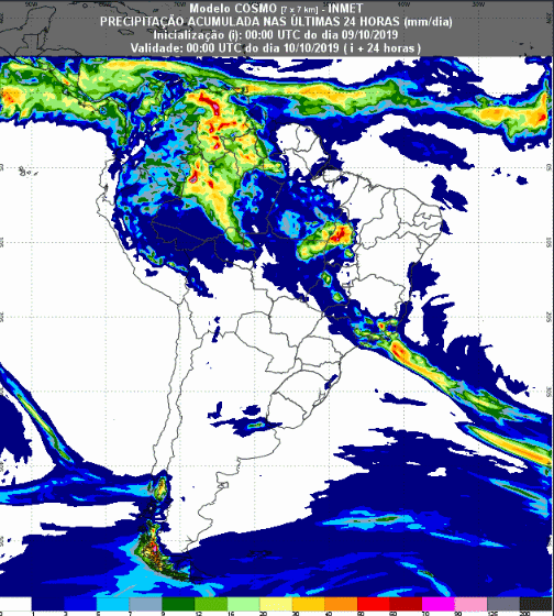 Mapa com a previsão de precipitação acumulada para até 93 horas (10/10 a 12/10) em todo o Brasil - Fonte: Inmet