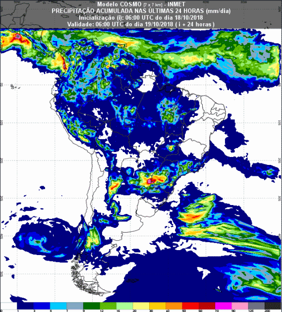 Mapa com a previsão de precipitação acumulada para até 72 horas (19/10 a 21/10) em todo o Brasil - Fonte: Inmet