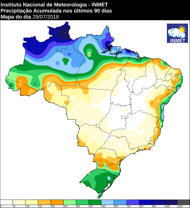 Mapa de precipitação acumulada nos últimos 90 dias em todo o Brasil - Fonte: Inmet