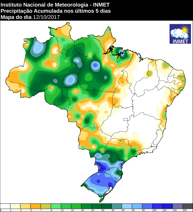 Mapa de precipitação acumulada para todo o Brasil nos últimos cinco dias - Fonte: Inmet