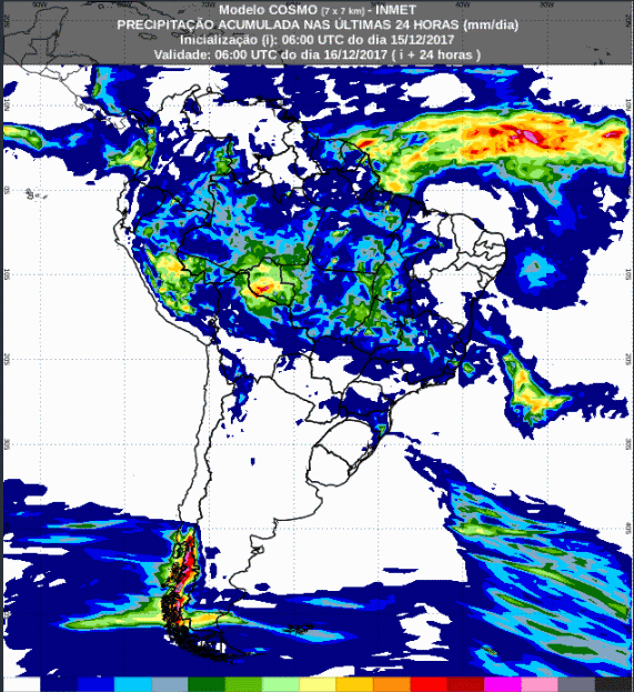 Mapa com a previsão de precipitação acumulada para até 72 horas (16/12 a 18/12) para todo o Brasil - Fonte: Inmet
