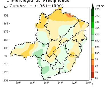 Figura 5 – Distribuição das chuvas em Minas Gerais, para os meses setembro, outubro e novembro, médias climatológicas 1961-1990