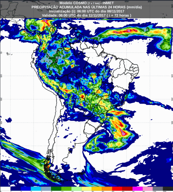 Mapa com a previsão de precipitação acumulada para até 72 horas (09/11 a 11/11) para todo o Brasil - Fonte: Inmet