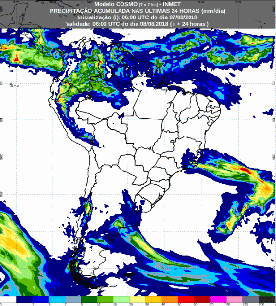 Mapa com a previsão de precipitação acumulada para até 72 horas (08/08 a 10/08) em todo o Brasil - Fonte: Inmet
