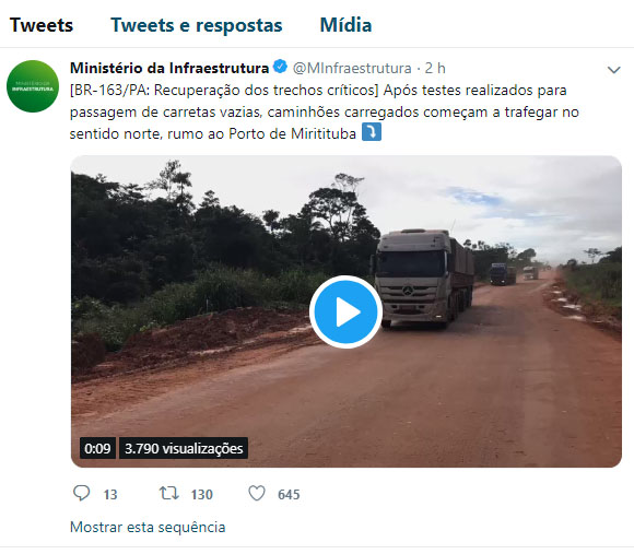 tweet ministerio da infraestrutura