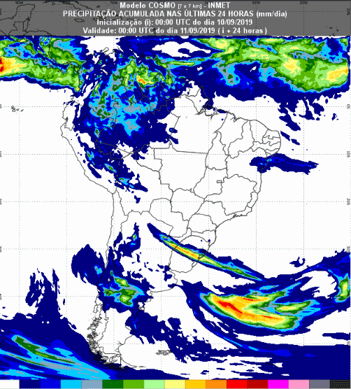 Mapa com a previsão de precipitação acumulada para até 93 horas (11/09 a 13/09) em todo o Brasil - Fonte: Inmet