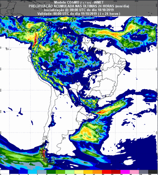 Mapa com a previsão de precipitação acumulada para até 93 horas (19/10 a 21/10) em todo o Brasil - Fonte: Inmet