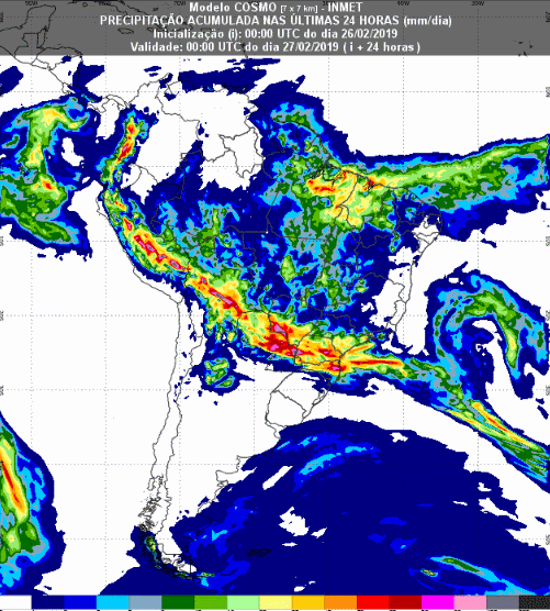 Mapa com a previsão de precipitação acumulada para até 174 horas (27/02 a 05/03) em todo o Brasil - Fonte: Inmet