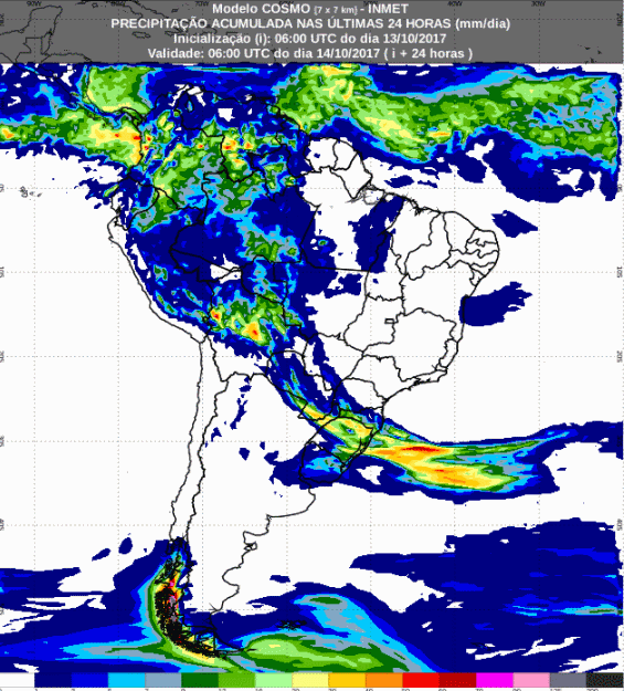 Mapa com a previsão de precipitação acumulada para até 72 horas (14/10 a 16/10) para o todo do Brasil - Fonte: Inmet