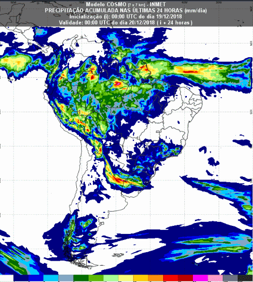 Mapa com a previsão de precipitação acumulada para até 174 horas (20/12 a 26/12) em todo o Brasil - Fonte: Inmet