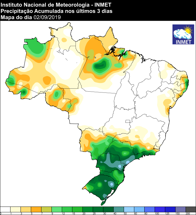 Mapa de precipitação acumulada dos últimos 3 dias em todo o Brasil - Fonte: Inmet