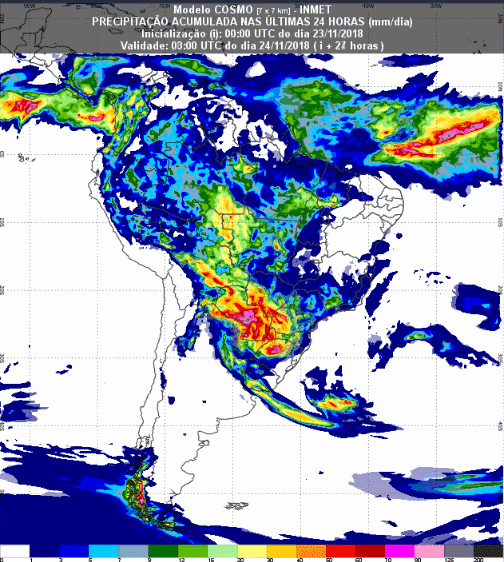 Mapa com a previsão de precipitação acumulada para até 72 horas (24/11 a 26/11) em todo o Brasil - Fonte: Inmet