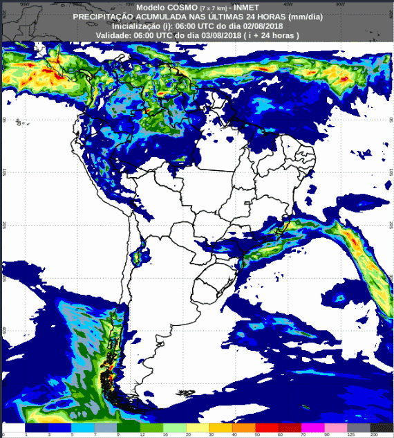 Mapa com a previsão de precipitação acumulada para até 72 horas (03/08 a 05/08) em todo o Brasil - Fonte: Inmet