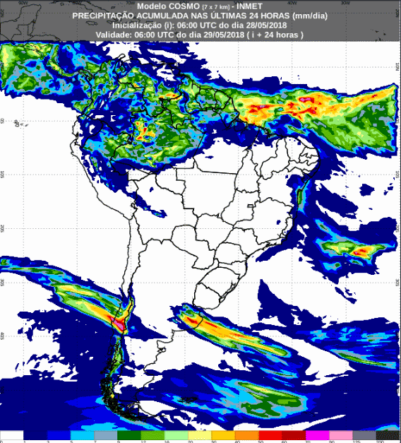 Mapa com a previsão de precipitação para até 60 horas (29/05 a 30/05) em todo o Brasil - Fonte: Inmet