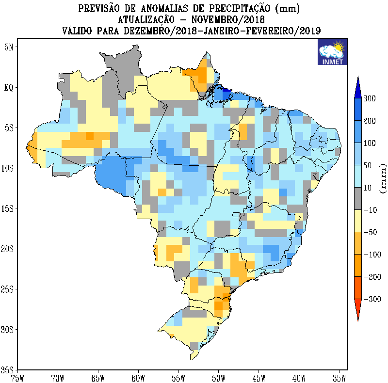Mapa com previsão de anomalias de precipitação nos meses de dezembro, janeiro e fevereiro em todo o Brasil - Fonte: Inmet
