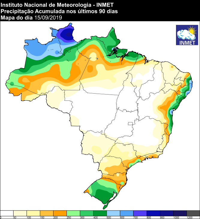 Mapa de precipitação acumulada dos últimos 90 dias em todo o Brasil - Fonte: Inmet