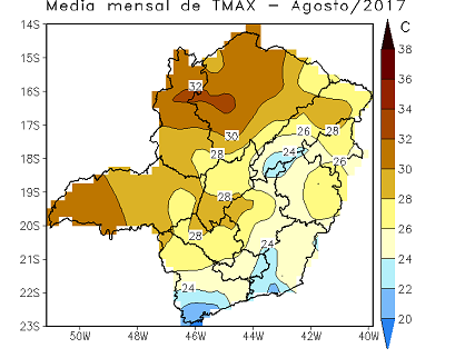 Figura 3 –Anomalias e Média mensal de temperatura: (a,c) máxima e (b,d) mínima, no mês de Agosto/2017