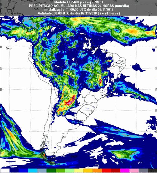 Mapa com a previsão de precipitação acumulada para até 72 horas (07/11 a 09/11) em todo o Brasil - Fonte: Inmet