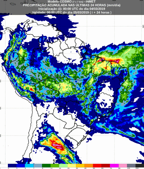Mapa com a previsão de precipitação acumulada para até 174 horas (04/03 a 11/03) em todo o Brasil - Fonte: Inmet
