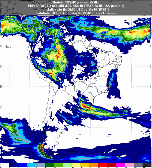 Mapa com a previsão de precipitação acumulada para até 93 horas (05/10 a 07/10) em todo o Brasil - Fonte: Inmet