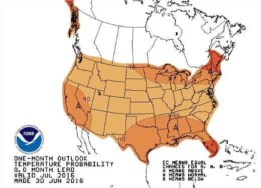 Previsão de temperaturas para julho nos EUA - Fonte: NOAA
