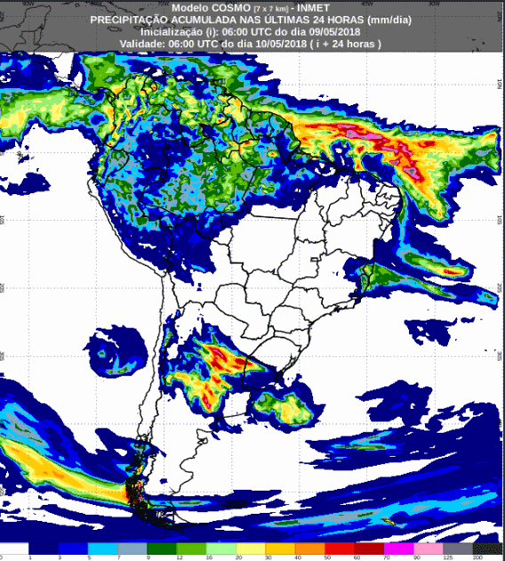 Mapa com a previsão de precipitação acumulada para até 72 horas (10/05 a 12/05) para todo o Brasil - Fonte: Inmet
