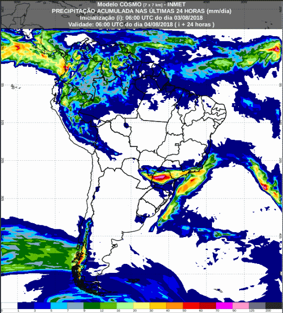 Mapa com a previsão de precipitação acumulada para até 72 horas (04/08 a 06/08) em todo o Brasil - Fonte: Inmet
