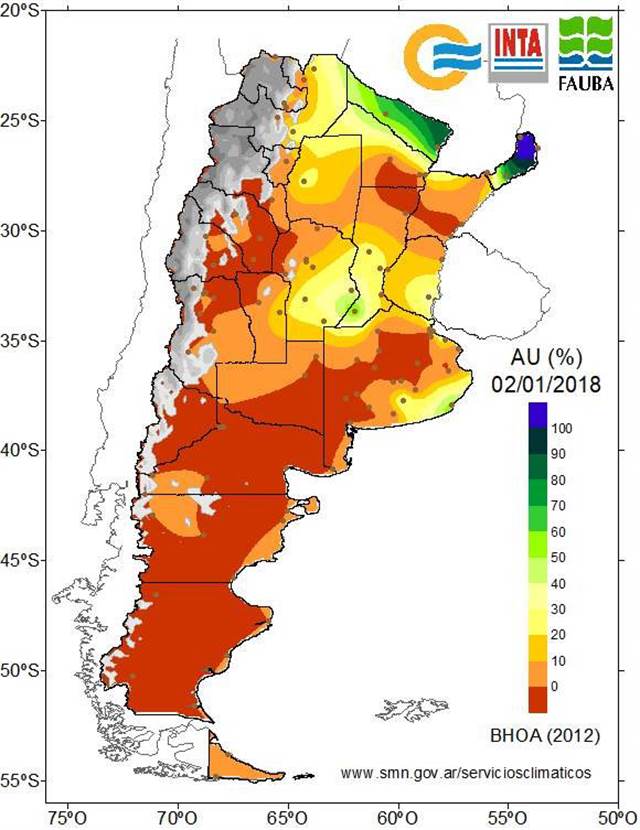 Porcentagem de água útil nos solos argentinos em 02/01/2018 (Fonte: La Nación)