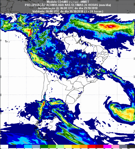 Mapa com a previsão de precipitação acumulada para até 72 horas (30/10 a 01/11) em todo o Brasil - Fonte: Inmet