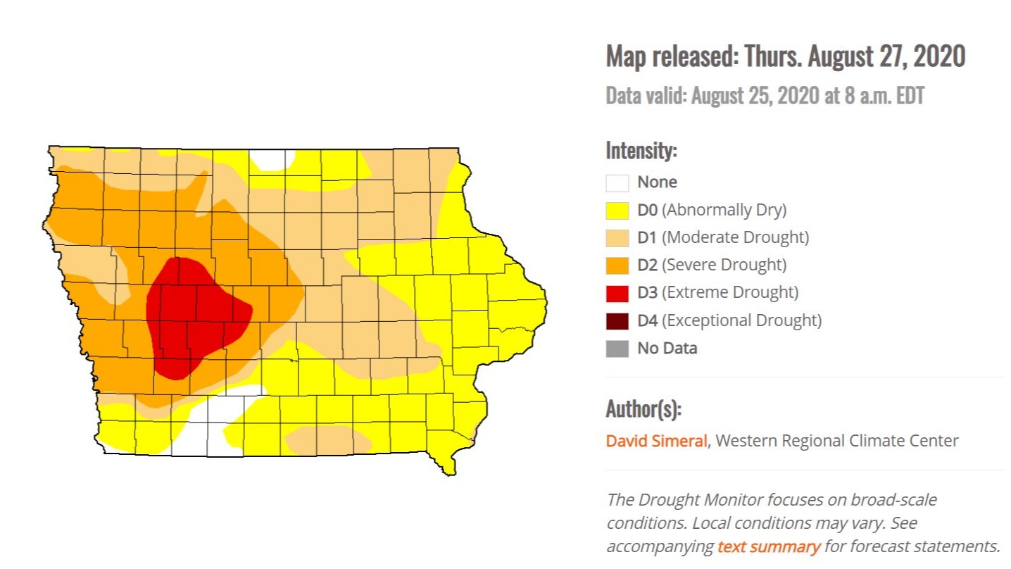 Seca em Iowa - Agosto 2020 - Drought Monitor