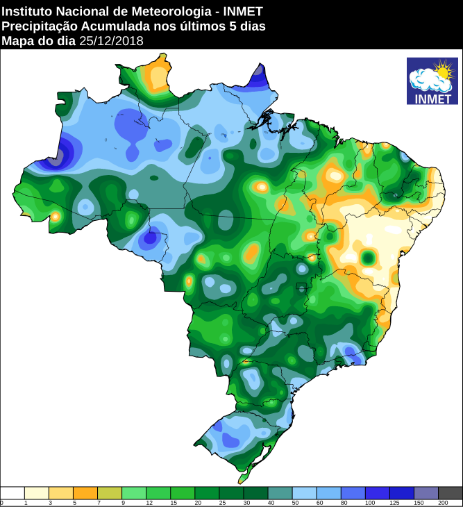 Mapa de precipitação acumulada nos últimos 5 dias em todo o Brasil - Fonte: Inmet