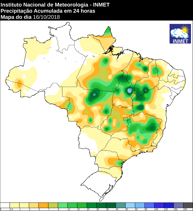 Mapa das áreas com a precipitação acumulada nas últimas 24 horas em todo o Brasil - Fonte: Inmet