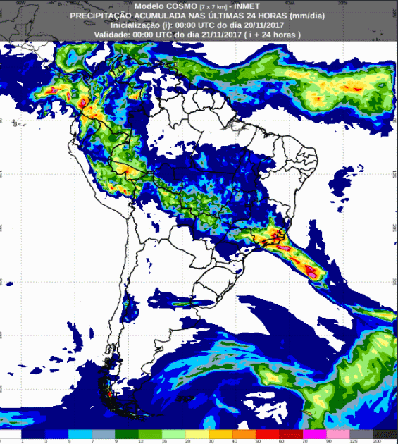 Mapa com a previsão de precipitação acumulada para até 78 horas (21/11 a 23/11) para todo o Brasil - Fonte: Inmet