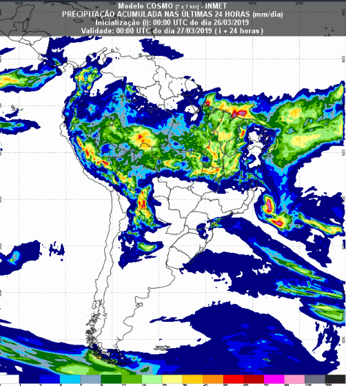 Mapa com a previsão de precipitação acumulada para até 72 horas (27/03 a 29/03) em todo o Brasil - Fonte: Inmet