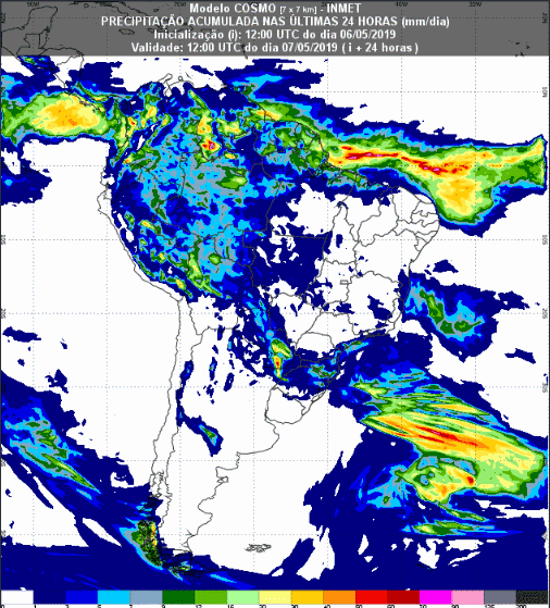 Mapa com a previsão de precipitação acumulada para até 93 horas (08/05 a 10/05) em todo o Brasil - Fonte: Inmet
