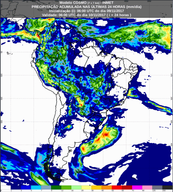 Mapa com a previsão de precipitação acumulada para até 72 horas (10/11 a 12/11) para todo o Brasil - Fonte: Inmet
