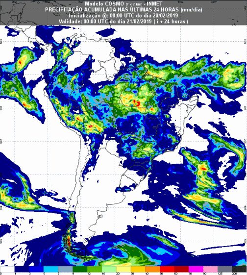 Mapa com a previsão de precipitação acumulada para até 174 horas (21/02 a 27/02) em todo o Brasil - Fonte: Inmet