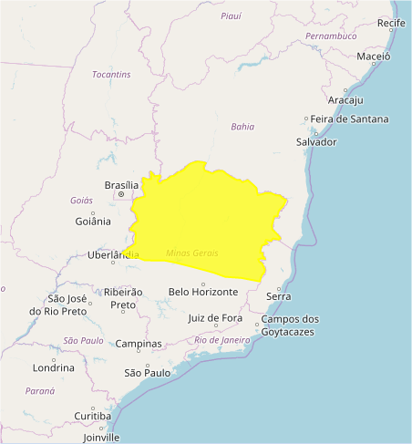 mapa das áreas com previsão de alto acumulado de chuva nesta 6ª feira / MG - Fonte: Inmet