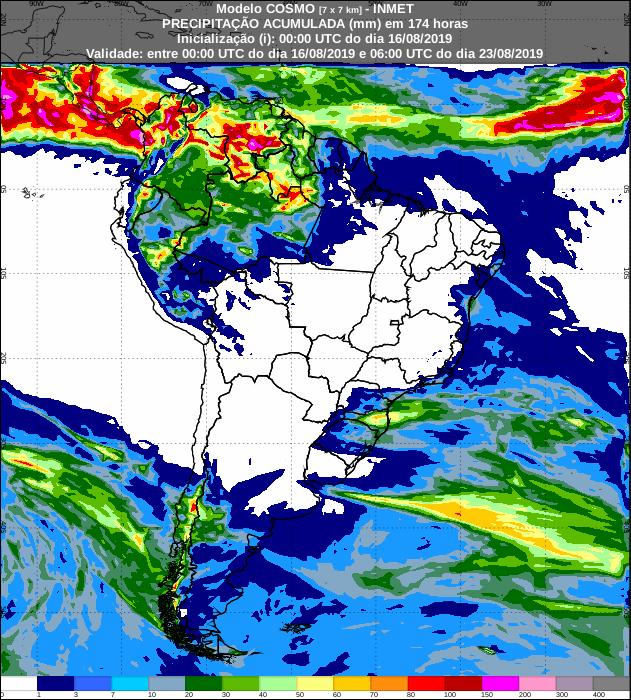 Mapa com a precipitação acumulada nos próximos sete dias em todo o Brasil - Fonte: Inmet
