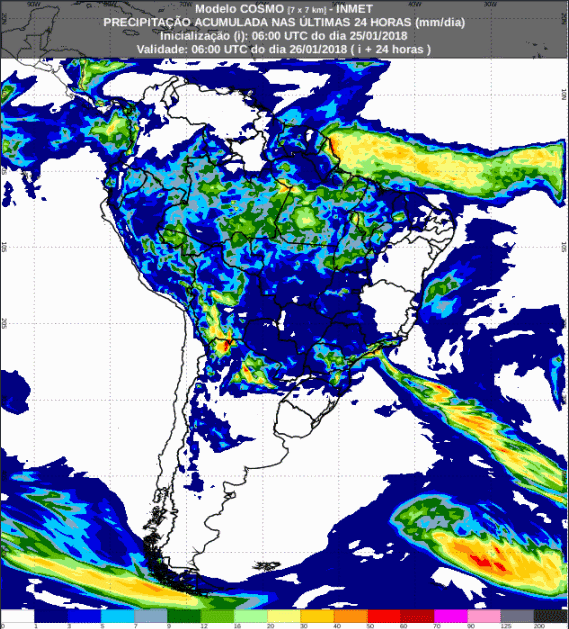 Mapa com a previsão de precipitação acumulada para até 72 horas (26/01 a 28/01) para todo o Brasil - Fonte: Inmet