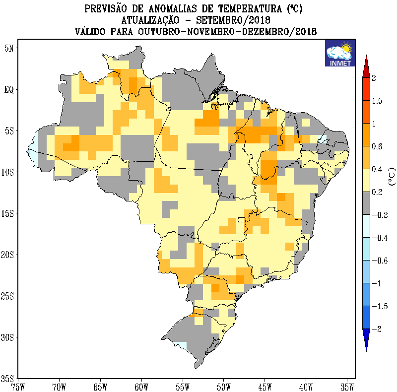 Mapa da previsão de anomalias de temperatura média em todo o Brasil para outubro, novembro e dezembro - Fonte: Inmet
