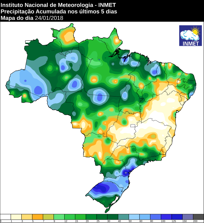 Mapa de precipitação acumulada nos últimos cinco dias em todo o Brasil - Fonte: Inmet