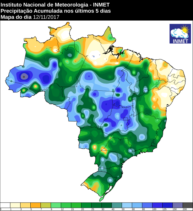 Mapa com a precipitação acumulada nos últimos cinco dias em todo o Brasil - Fonte: Inmet