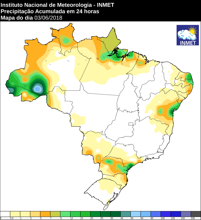 Mapa das áreas com precipitação acumulada em todo o Brasil nas últimas 24 horas - Fonte: Inmet