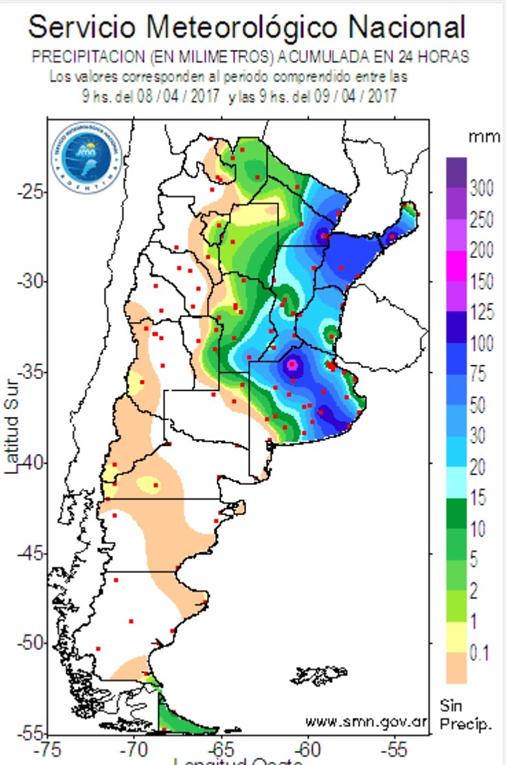 Chuvas registradas em 09/04/2017 na Argentina